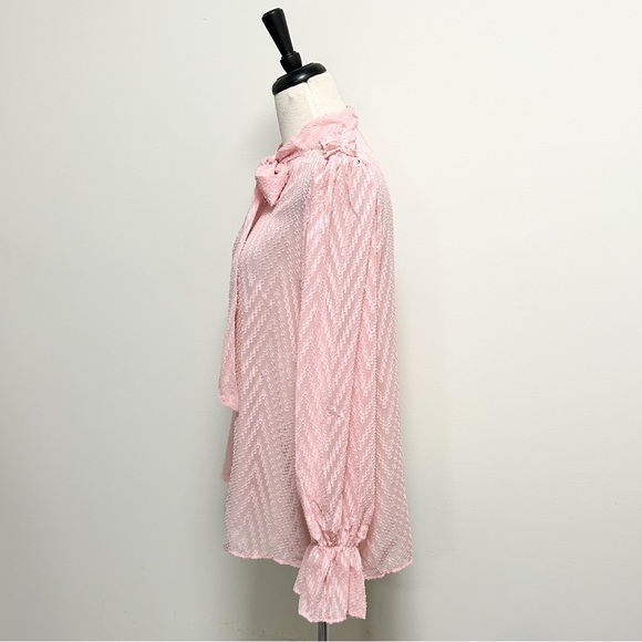 Shein Pink Sheer Chevron Faux Pearl Puff Flounce Sleeve Pussycat Bow Blouse 2XL - Picture 5 of 10